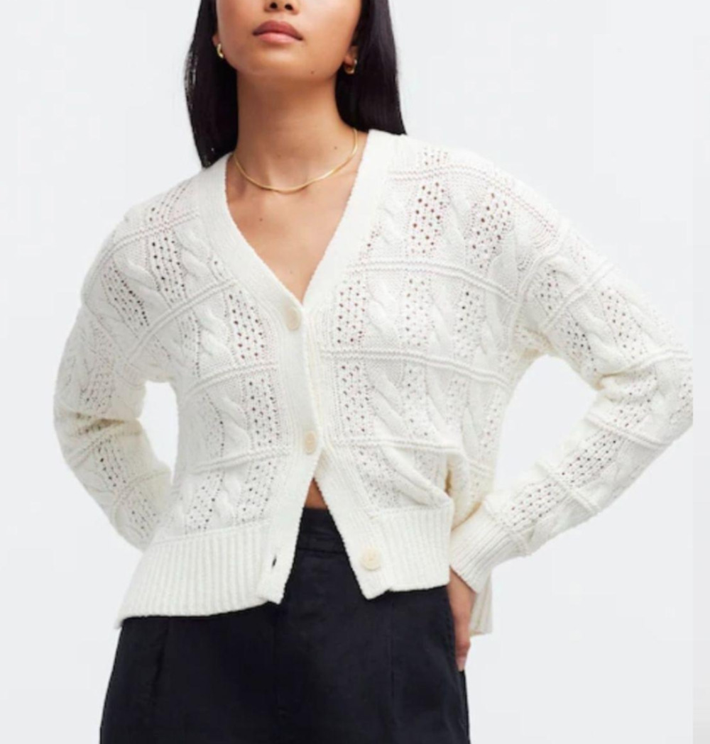 Madewell white open cable stitch button front cardigan sweater Size M Preppy